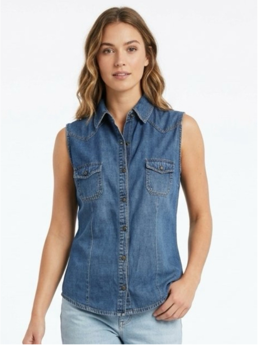 Cherokee Sleeveless Denim Western Button Down Shirt Top Medium Blue Sz LG - 458